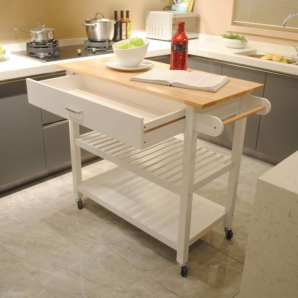 White Rolling Wood Dining Cart with 2 Drawers, 3 Baskets and 2 Shelves H8107