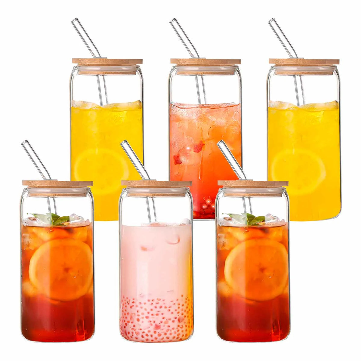 Can Shaped Glass Cups with Bamboo Lids and Glass Straw 6pcs L8589