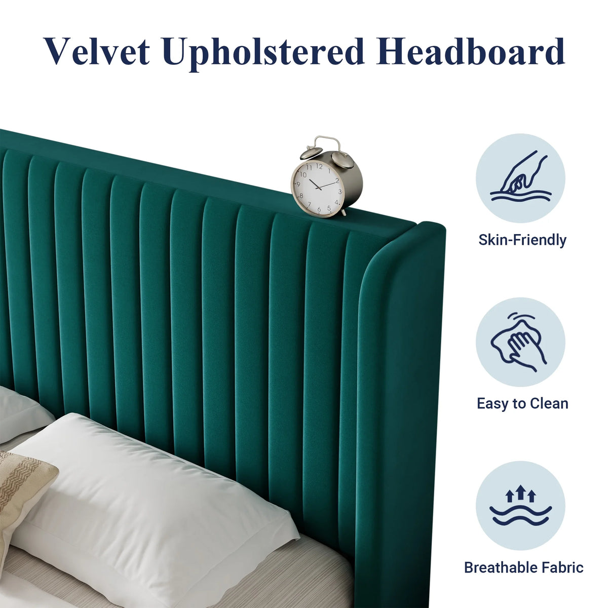 Queen Size Off White Velvet Platform Bed Frame with Wingback Headboard W72658