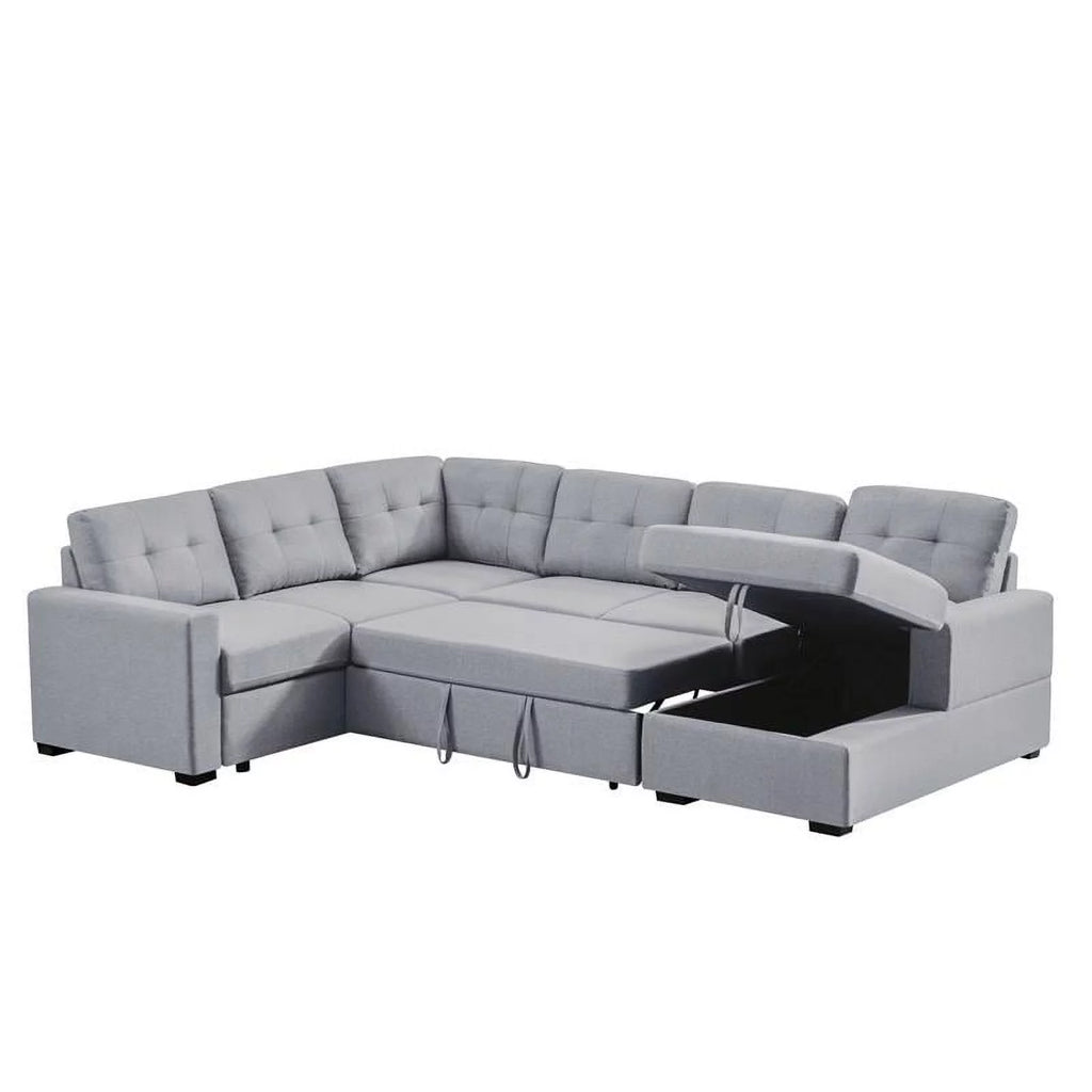 Light Gray Linen Sleeper Sectional Sofa with Storage Chaise A24044