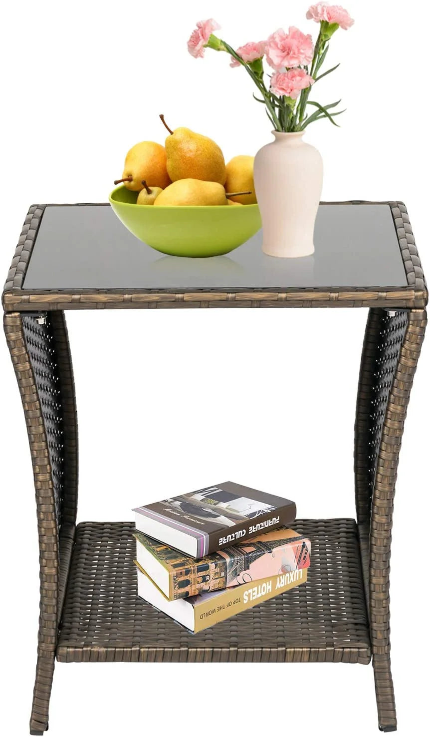 Brown Wicker Rattan Side Table with Storage L299827