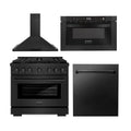 36 in. Black Stainless Steel Gas Range, Range Hood, Microwave Drawer and Dishwasher D5463