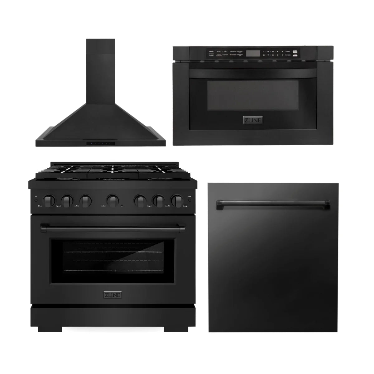 36 in. Black Stainless Steel Gas Range, Range Hood, Microwave Drawer and Dishwasher D5463