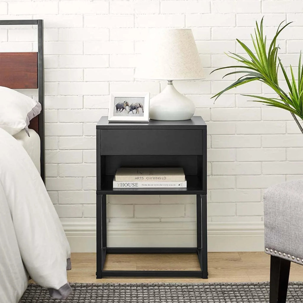 Black Rectangular End Table Nightstand with Drawer and Open Shelving O359