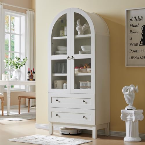 White Arched Wood Kitchen Pantry with 2 Drawers and Adjustable Shelves Q3809