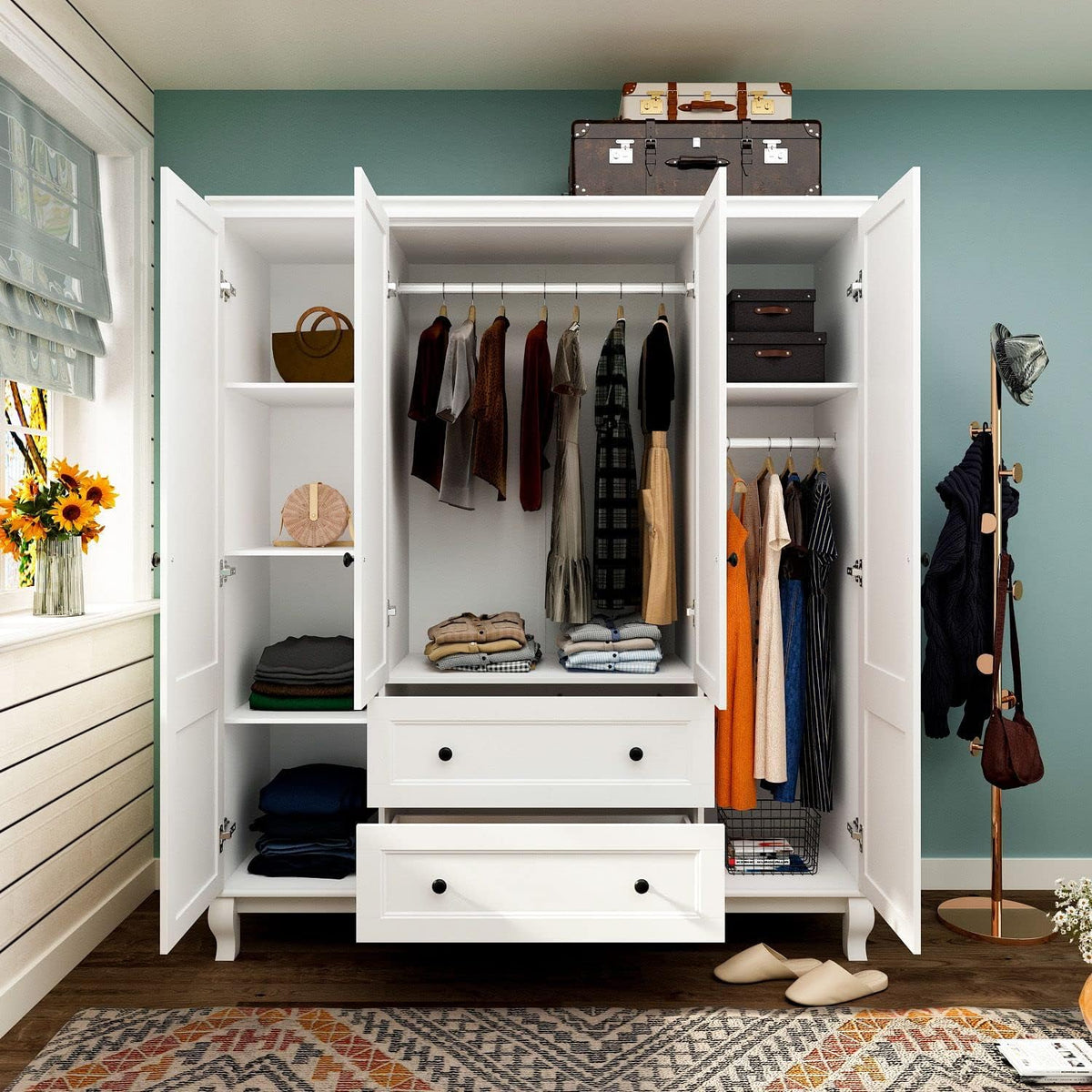 Large 4-Door White Wardrobe Closet with Hanging Rod and 2 Drawers J429950