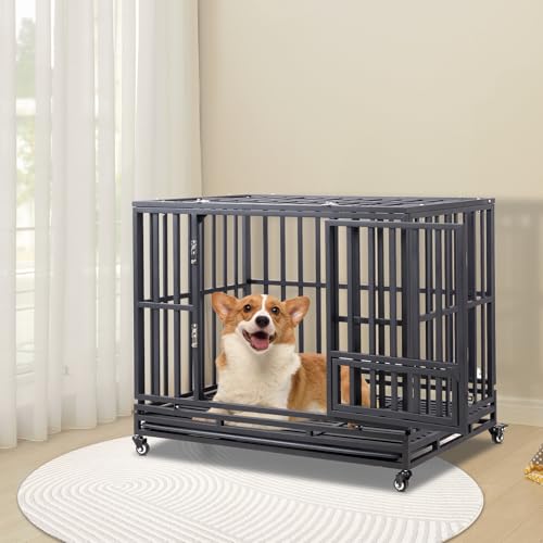 42" Large Metal Wire Dog Crate with Lockable Wheels, Double Door R90746