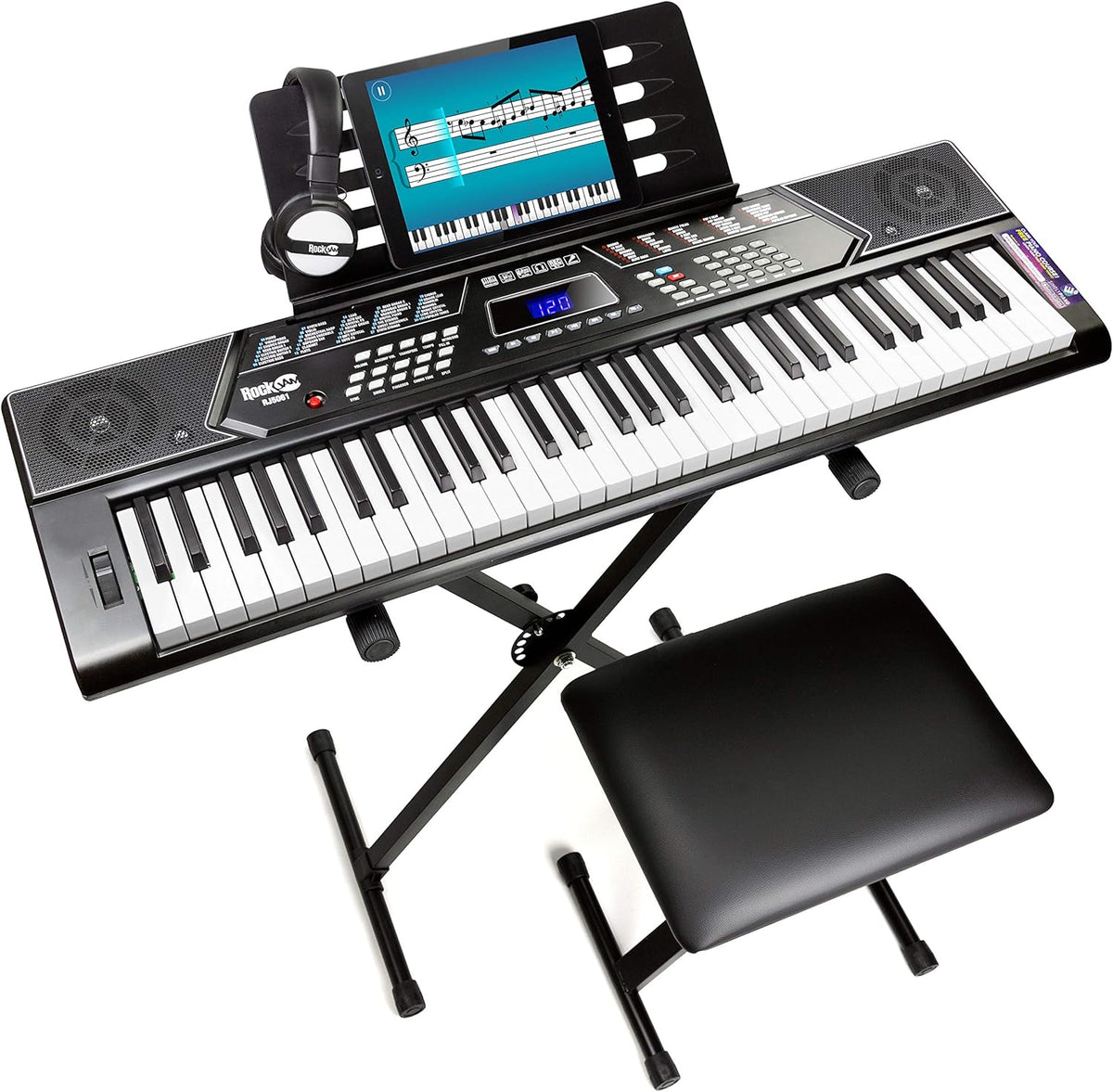 61 Key Keyboard Piano With Pitch Bend Kit, Keyboard Stand, Piano Bench, Headphones E392