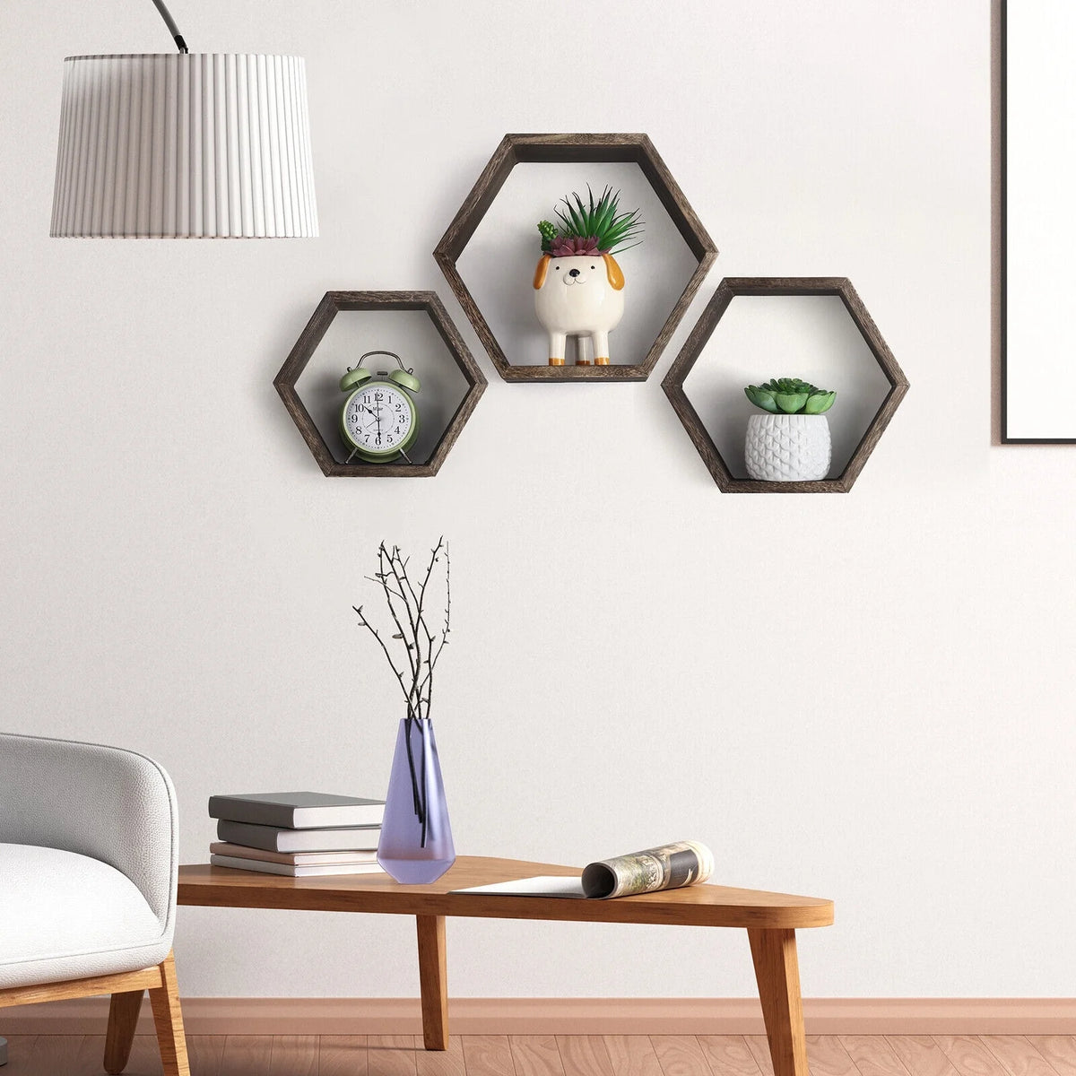 Set of 3 Black Wooden Hexagon Floating Shelves C8342