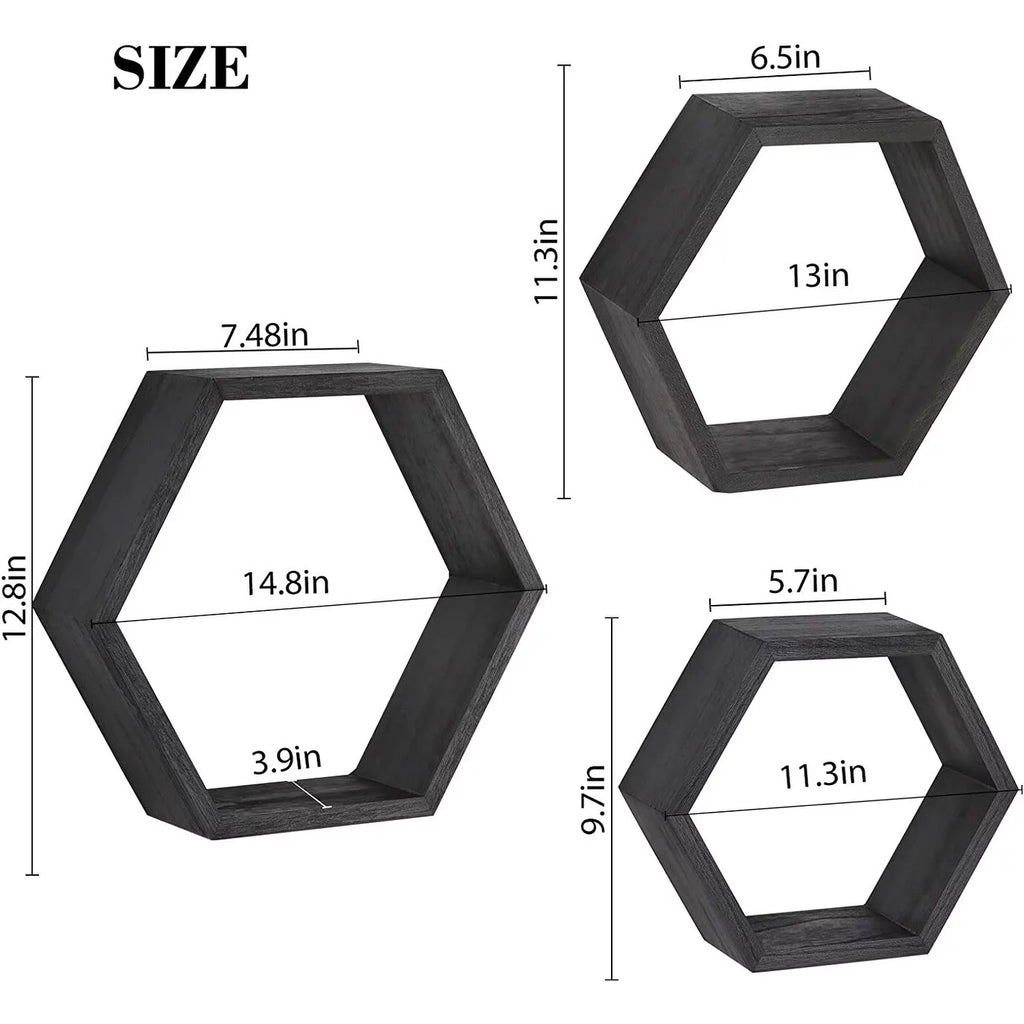 Set of 3 Black Wooden Hexagon Floating Shelves C8342