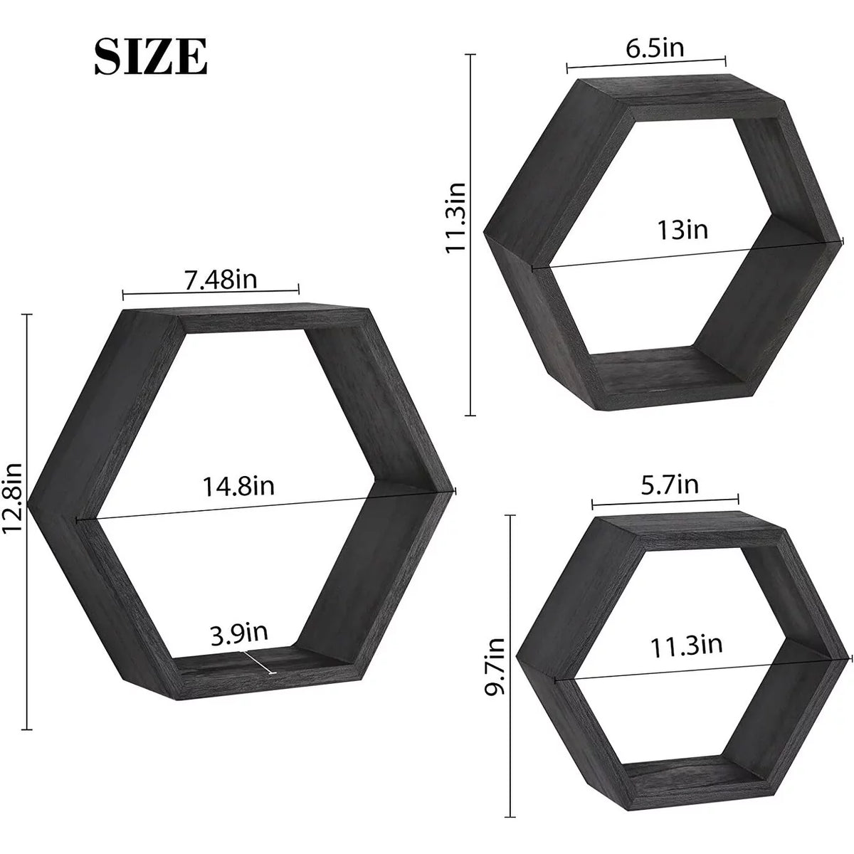 Set of 3 Black Wooden Hexagon Floating Shelves C8342
