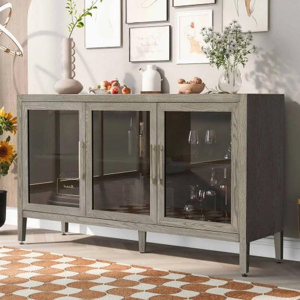 Wood Storage Cabinet with Three Tempered Glass Doors and Adjustable Shelf, Gray G903