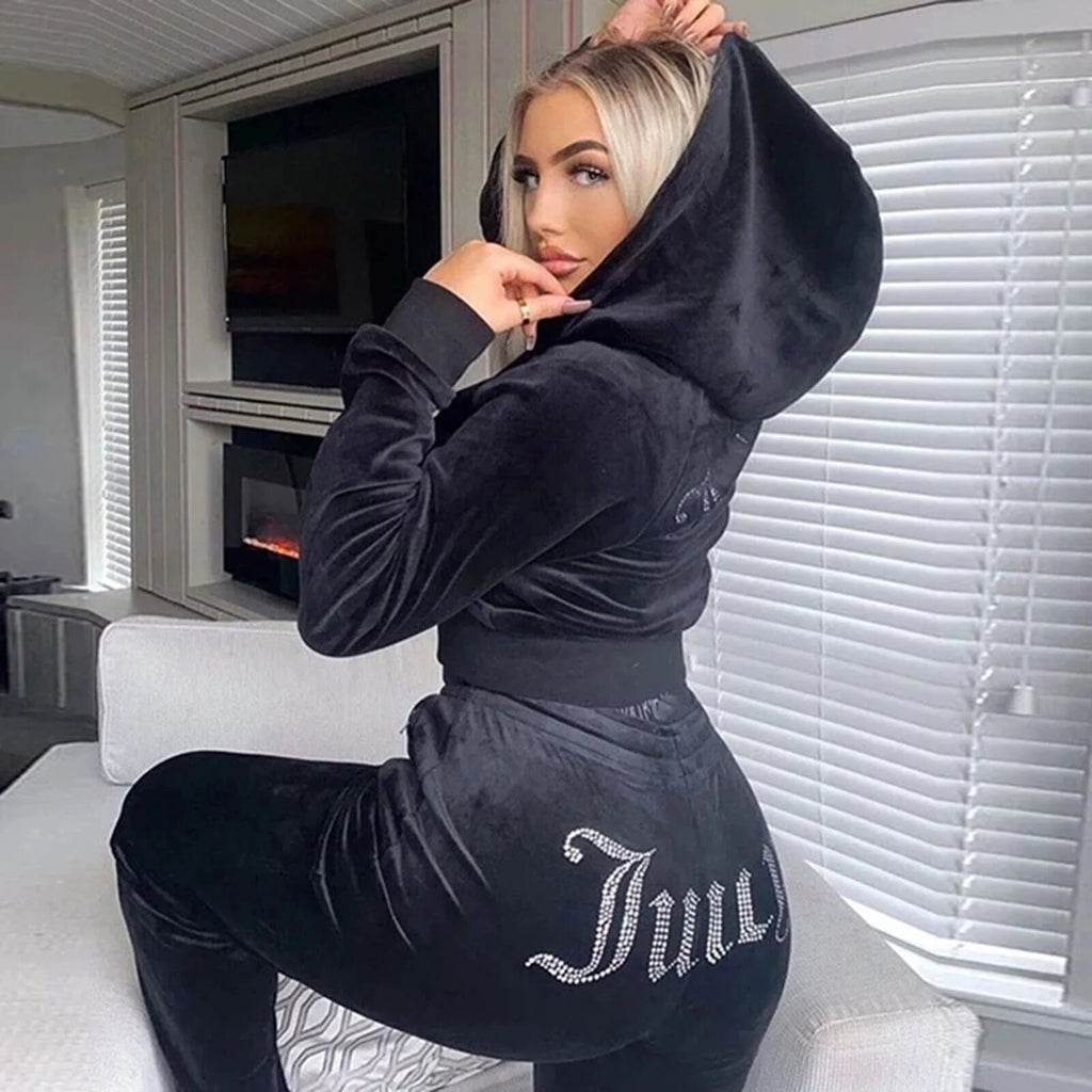 Velour 2-Piece Hoodie Tracksuit Set E2381