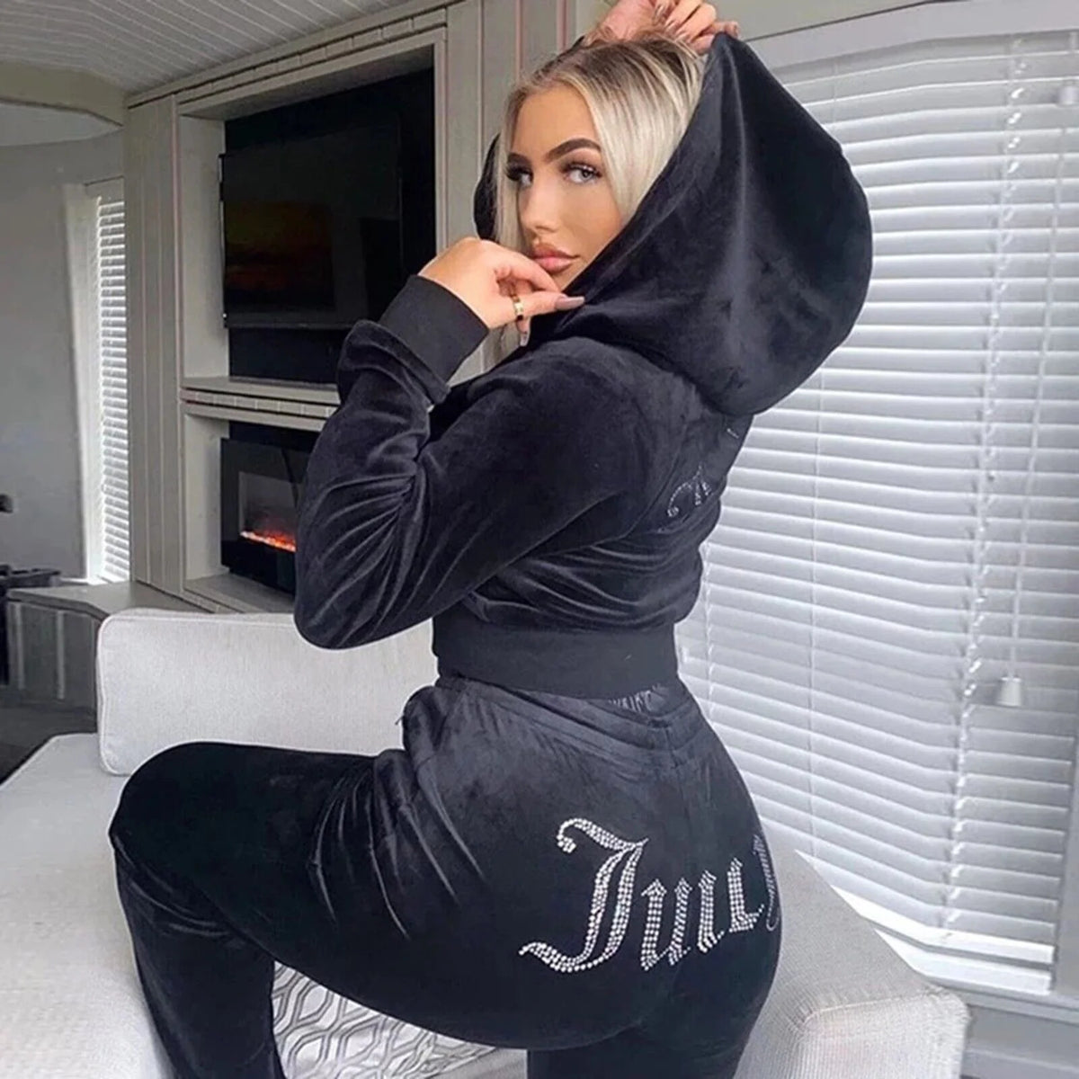 Velour 2-Piece Hoodie Tracksuit Set E2381