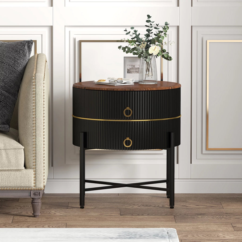 Black 2-Drawer End Table with X-Metal Base P454