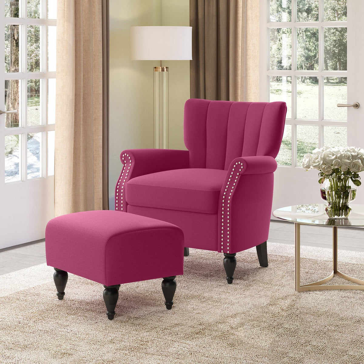 Botanical Velvet Arm Chair and Ottoman J1128