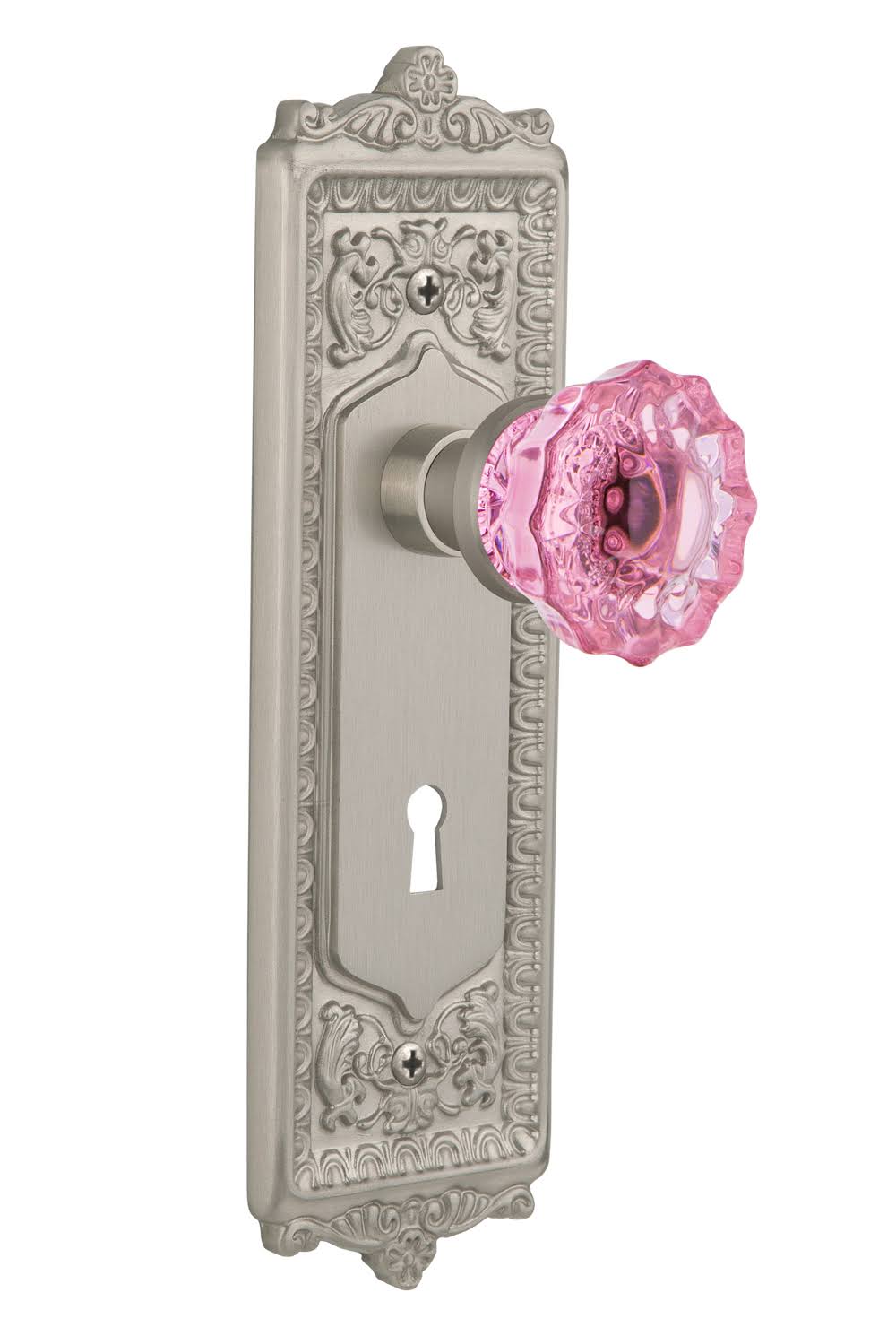 Egg & Dart Plate with Keyhole Crystal Pink Glass Door Knob in Satin Nickel X6740