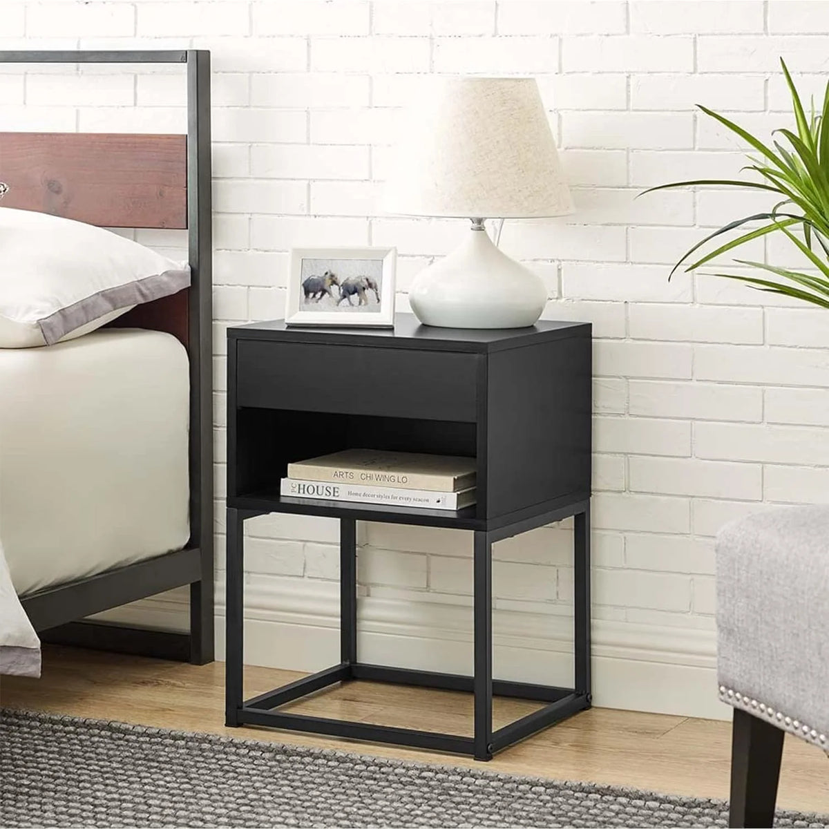 Black Rectangular End Table Nightstand with Drawer and Open Shelving O359