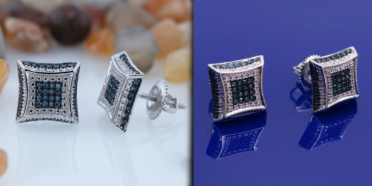 0.15 Carat Round Blue & White Diamond Micro Pave Screwback Stud Earrings in 925 Sterling Silver R8888