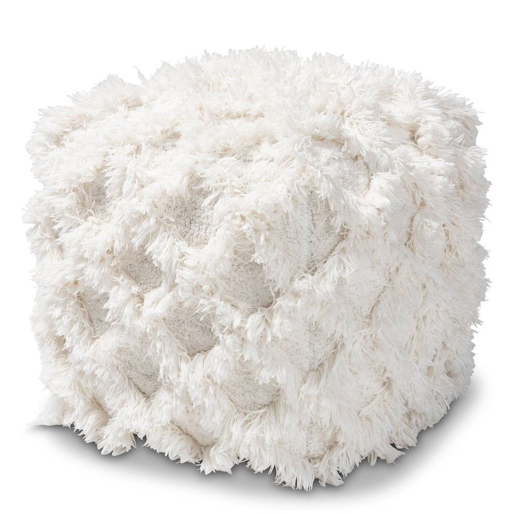 Ivory Handwoven Cotton Fringe Pouf Ottoman D713