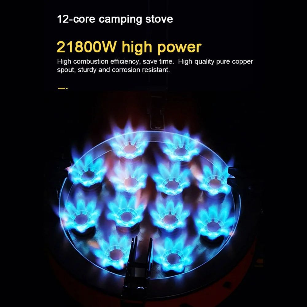 12-Core High-Power Windproof Camping Gas Burner with Piezo Ignition Adjustable Valve Storage Bag Q3414