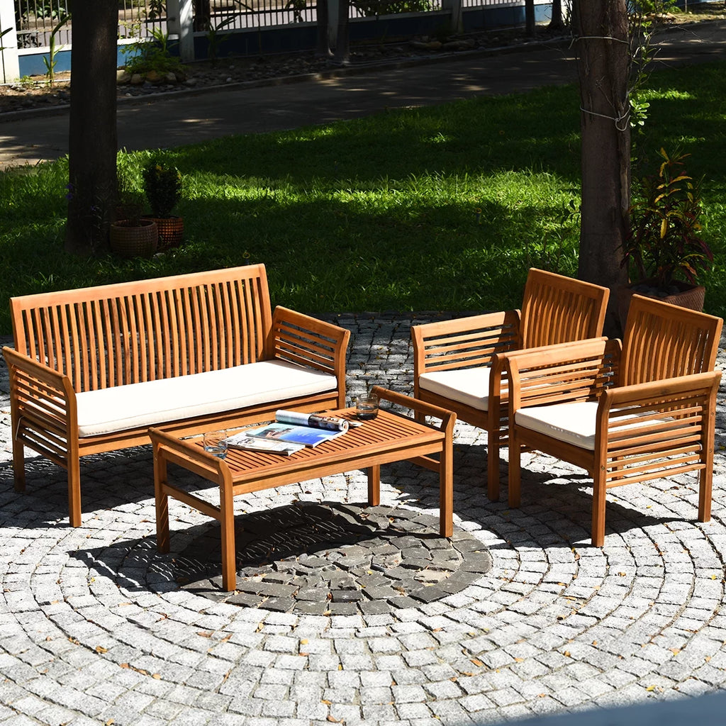 4 PCS Acacia Wood Cushioned Sofa Set I46155