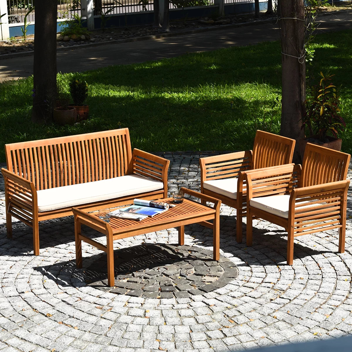 4 PCS Acacia Wood Cushioned Sofa Set I46155