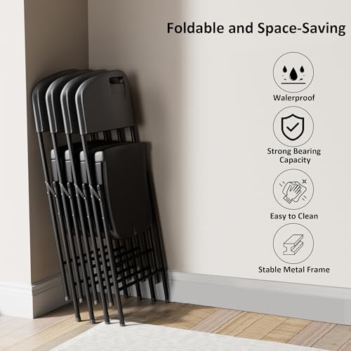 4 Pack Stackable Folding Chairs Plastic Seat Steel Frame Matte Black F790