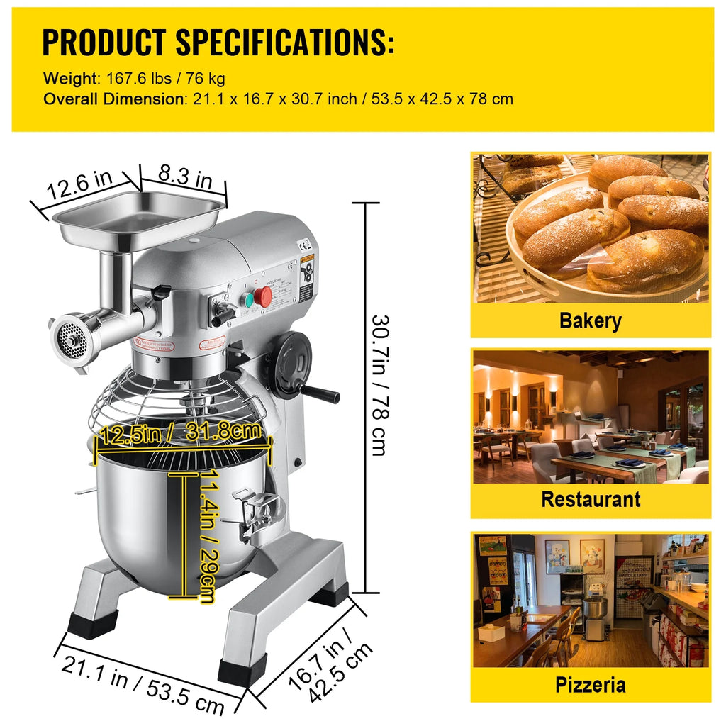 Commercial Stand Mixer with Meat Grinder, 20Qt Stainless Steel Bowl, 1100W R33390