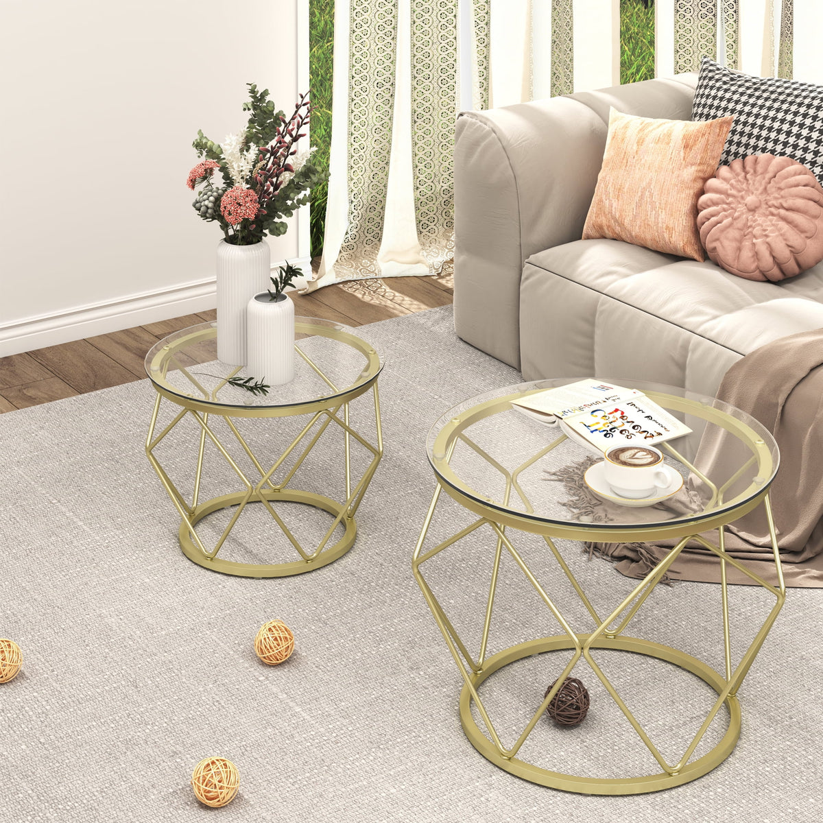 Round Coffee Table Set of 2 with Tempered Glass Top M529