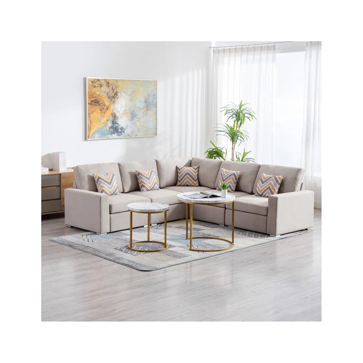 Linen Fabric 5Pc Reversible Sectional Sofa with Pillows H9283
