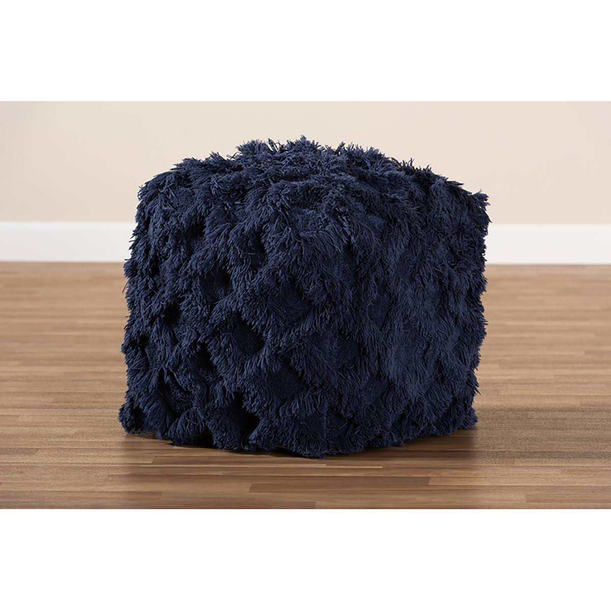 Ivory Handwoven Cotton Fringe Pouf Ottoman D713