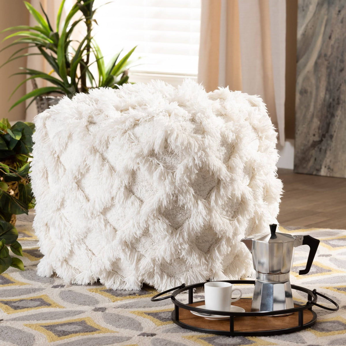 Ivory Handwoven Cotton Fringe Pouf Ottoman D713