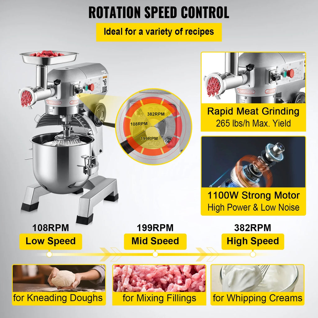 Commercial Stand Mixer with Meat Grinder, 20Qt Stainless Steel Bowl, 1100W R33390