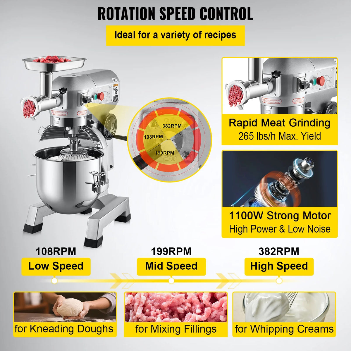 Commercial Stand Mixer with Meat Grinder, 20Qt Stainless Steel Bowl, 1100W R33390