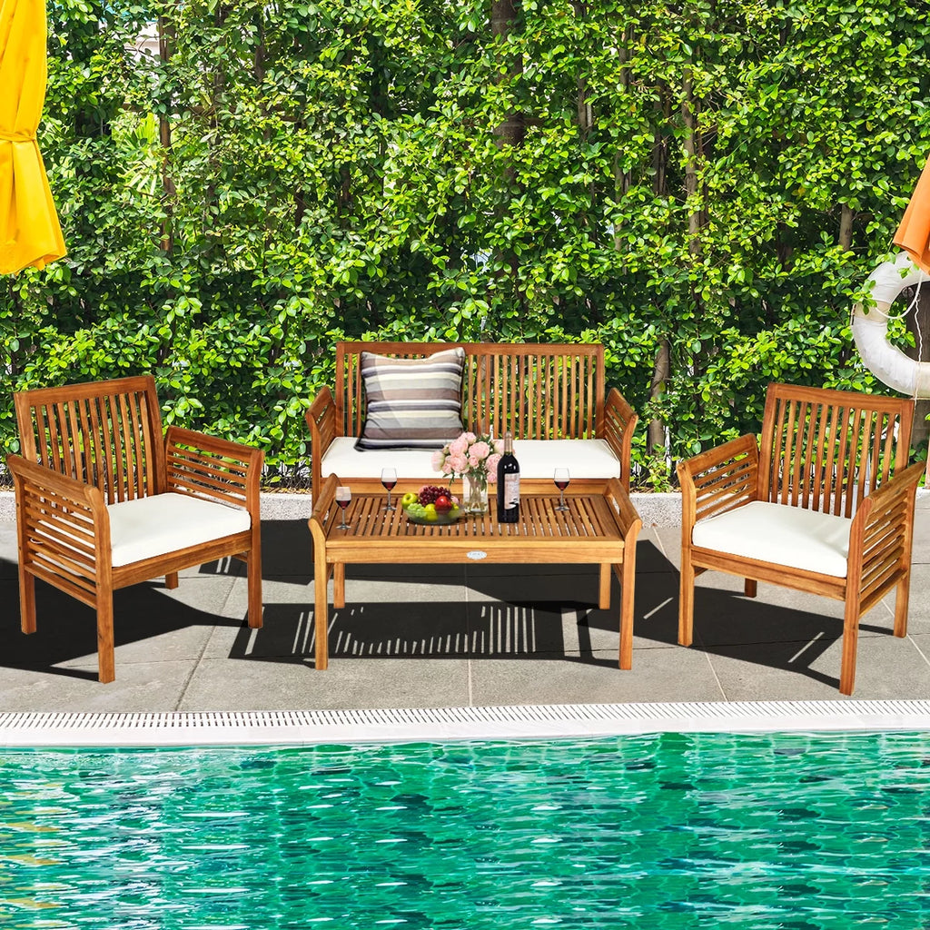 4 PCS Acacia Wood Cushioned Sofa Set I46155