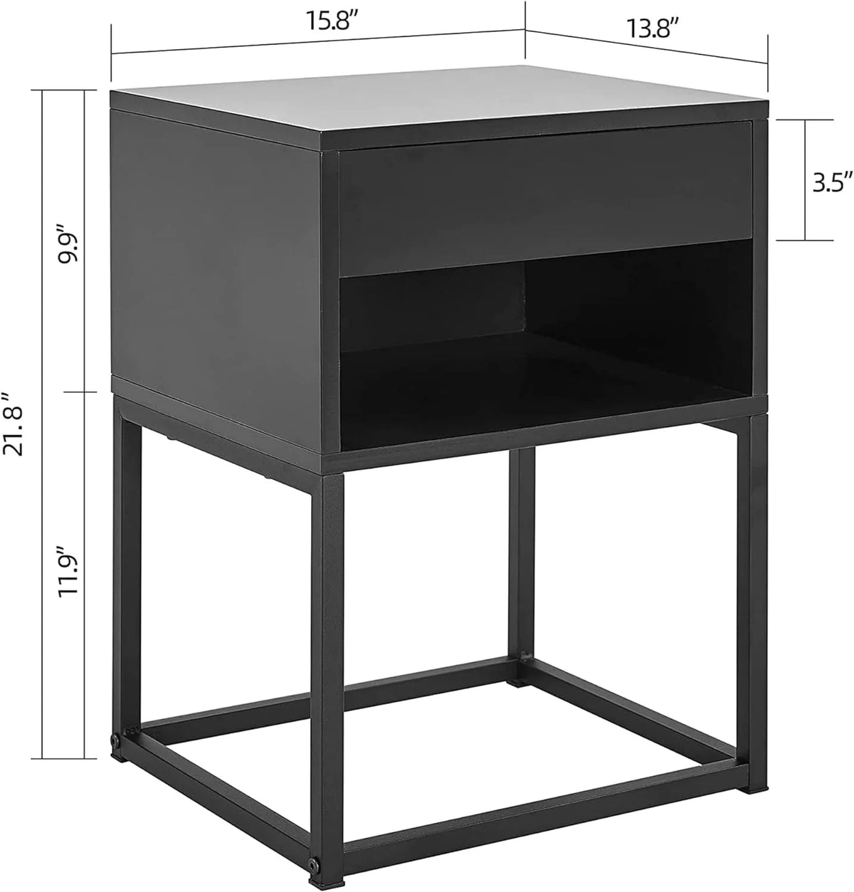 Black Rectangular End Table Nightstand with Drawer and Open Shelving O359