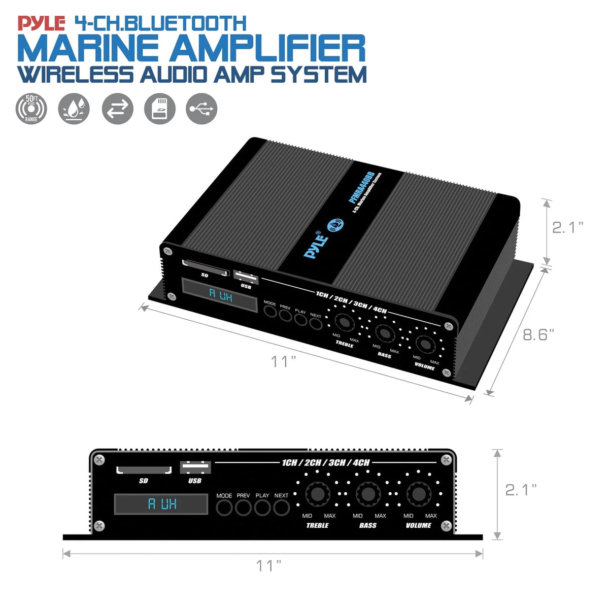 400 Watt 4-Channel Weather Resistant Marine Amplifier B973