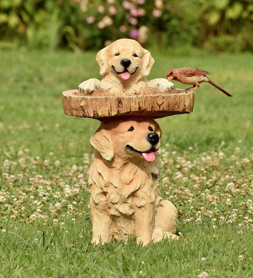 Two Playful Golden Retriever Puppies Resin Birdbath, 13¼ Dia. x 22 H T606178