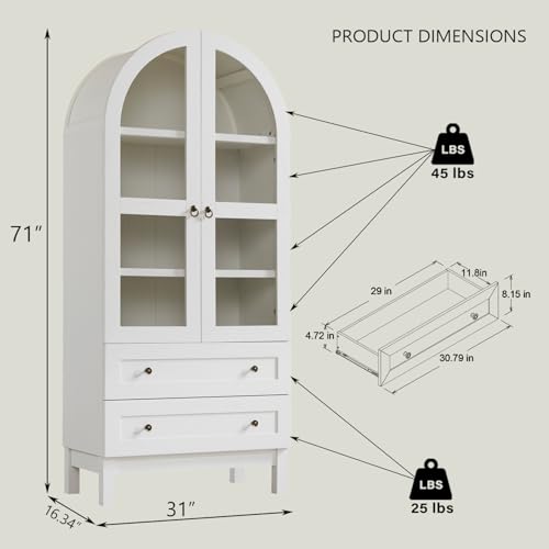 White Arched Wood Kitchen Pantry with 2 Drawers and Adjustable Shelves Q3809