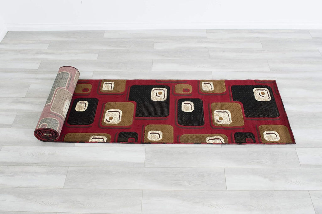 Red and Brown Machine Carved Runner with Ivory and Beige Geometric Design Y737840