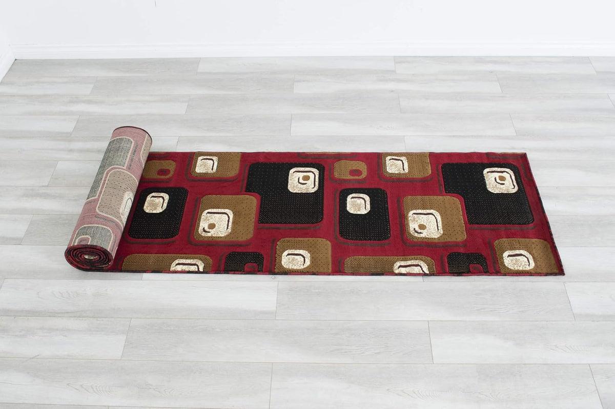 Red and Brown Machine Carved Runner with Ivory and Beige Geometric Design Y737840