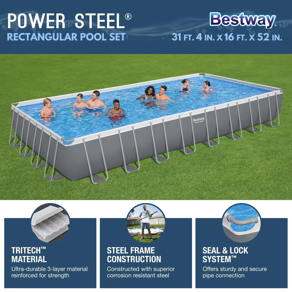 Power Steel 31'4 x 16' x 52 Rectangular Above Ground Pool Set N552208