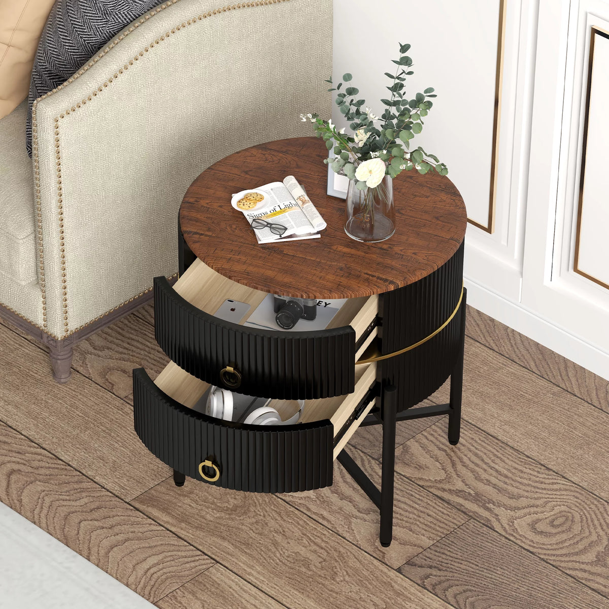 Black 2-Drawer End Table with X-Metal Base P454