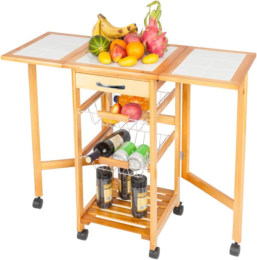 White Rolling Wood Dining Cart with 2 Drawers, 3 Baskets and 2 Shelves H8107