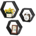 Set of 3 Black Wooden Hexagon Floating Shelves C8342