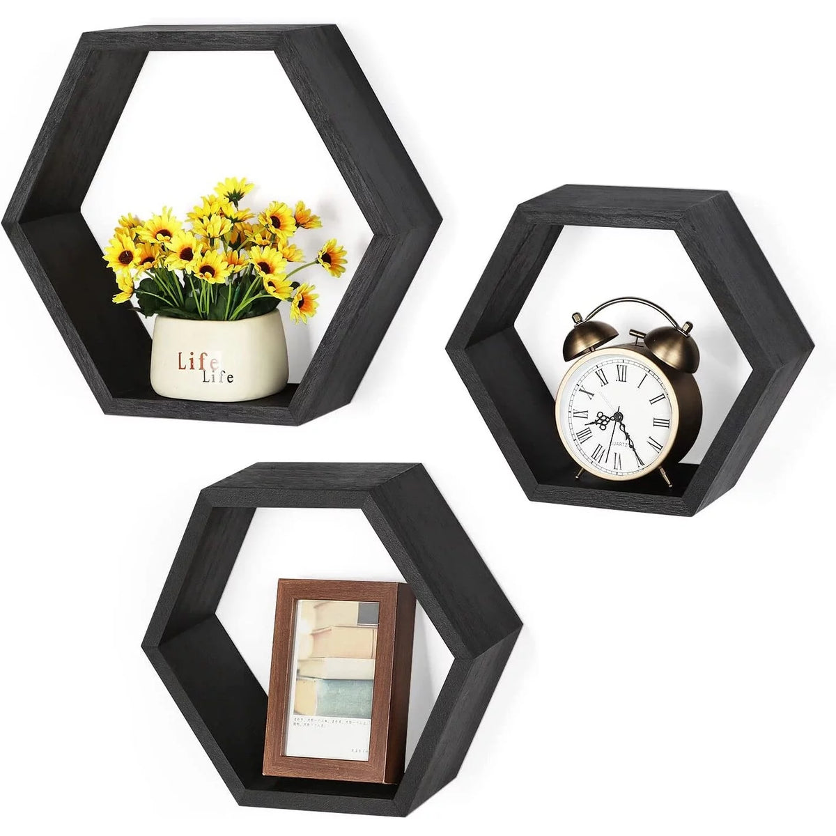 Set of 3 Black Wooden Hexagon Floating Shelves C8342