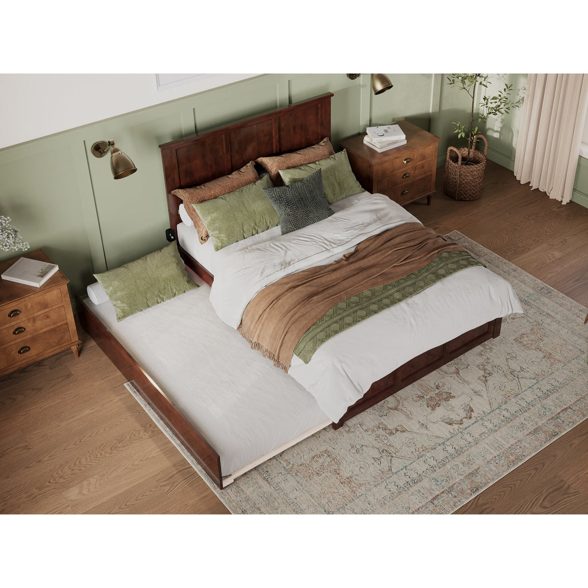 Solid Wood Queen Bed with Twin XL Trundle in Walnut H8995