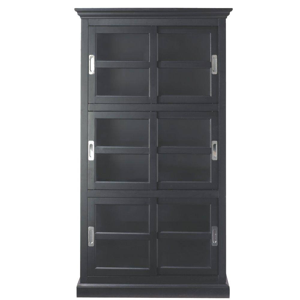 Black Wood 6-Shelf Standard Bookcase with Sliding Doors N670