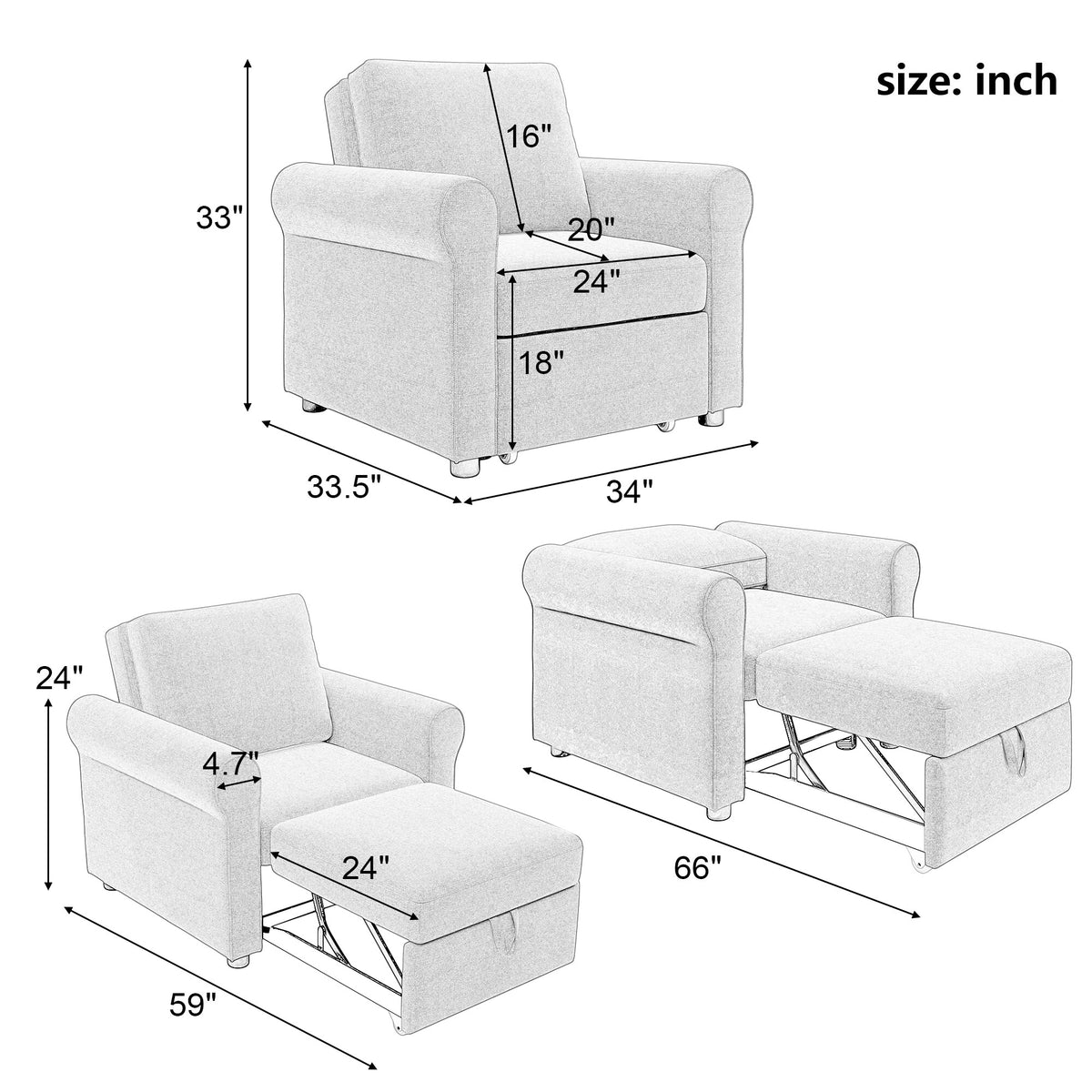 Dark Blue 3-in-1 Convertible Sofa Bed Chair N943